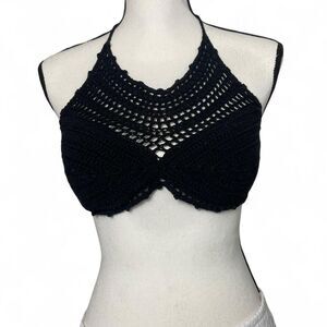 The Bikini Lab Black Crochet High Neck Halter Top Bikini Top Size Medium